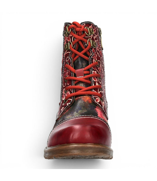Laura Vita Women's Red Floral Victorian Leather Lace-up Ankle Boots - Anitao - 11