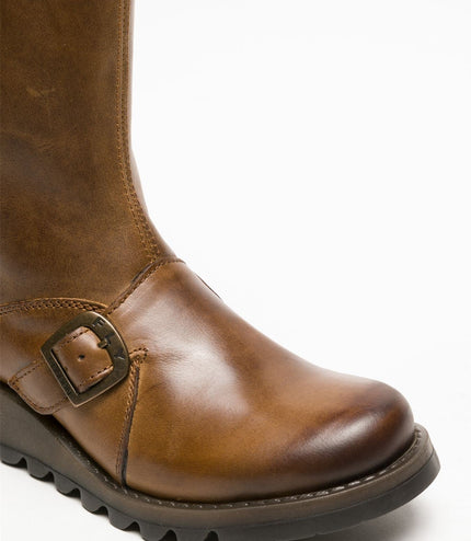 Fly London Womens Camel Mes 2 Wedge Heel Buckle Mid-Calf Leather Zip Platform Boots