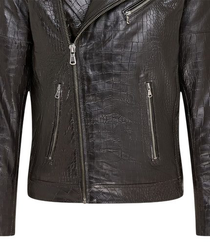 Mens Black Cow Leather Alligator Print Embossed Biker Jacket - Rot