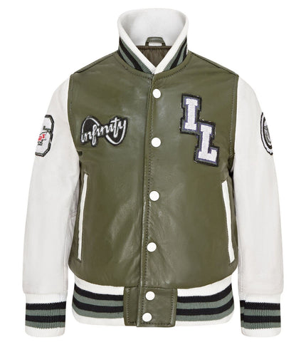 Kids Green Letterman Leather Varsity College Bomber Jacket
