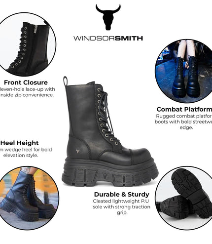 Windsorsmith Womens Black Mid-Calf Biker Leather Platform Combat Boots - Screaming
