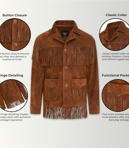 Men's Retro Tan Cowboy Suede Leather Fringe Jacket - Western