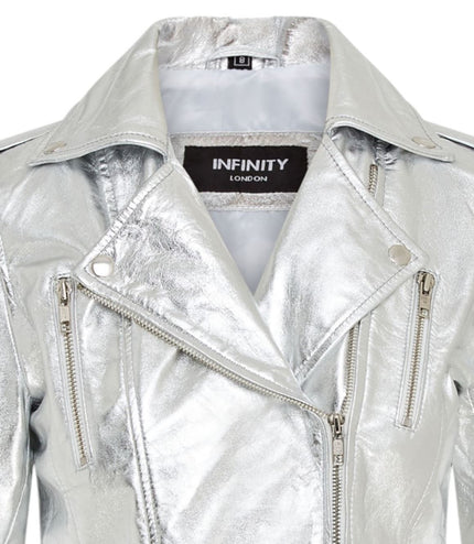 Womens Leather Brando Biker Jacket-Orlando - Silver