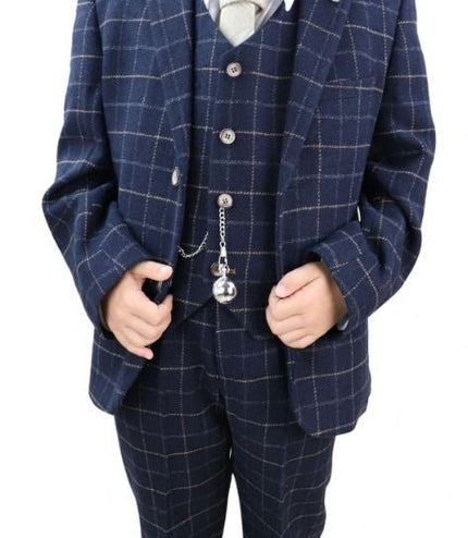 Boys 3 Piece Navy Blue Tweed Check Classic  Suit