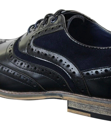 Mens Classic Navy Suede Oxford Brogue Shoes In Black Leather