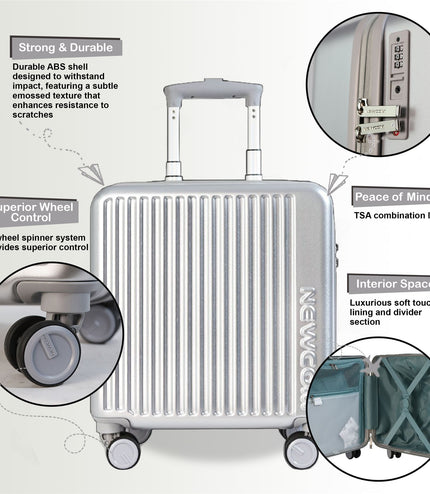 Hard Shell Cabin 44 x 22 x 38 cm Silver TSA Secure Luggage Suitcase Suitable for Easyjet, Ryanair