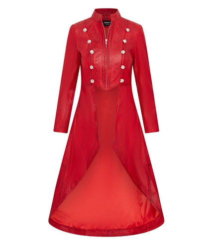 Womens Gothic Full Length Edwardian Leather Coat - Atlanta - Red