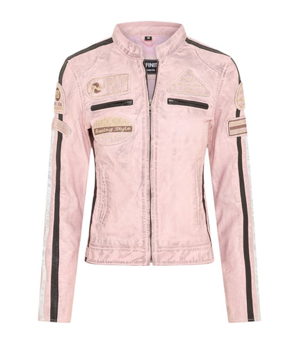 Womens Biker Racing Badges Pink Leather Jacket-Eastleigh