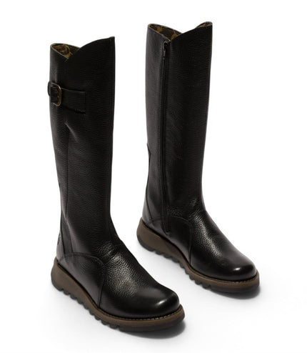 Fly London Womens Black Leather Wedge Heel Knee High Long Boots - MOL2