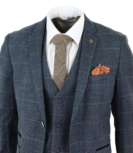 Mens 3 Piece Blue Tweed Check Vintage Suit