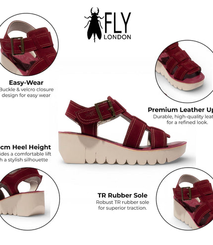 Fly London Women's YUDD236FLY Berry Red Leather Wedge Sandals