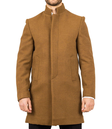 Men's Tan Stand Collar Wool Blend Overcoat