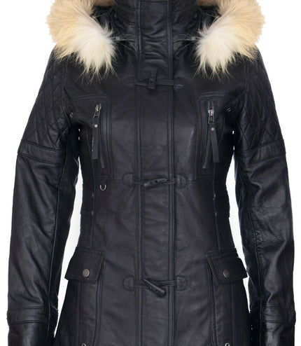 Womens Quilted Leather Parka Jacket-Brussels - Black