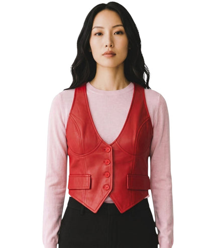 Womens Red Leather Waistcoat Biker Vest - MAM-WC