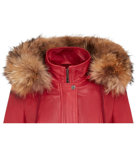 Womens Warm Leather Hooded Parka Jacket-Northwich - Red