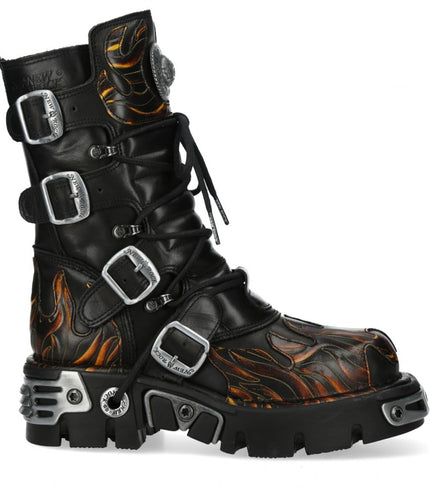 New Rock M-591-C58 Mid-Calf High Black Flame Leather Metallic Gothic Boots