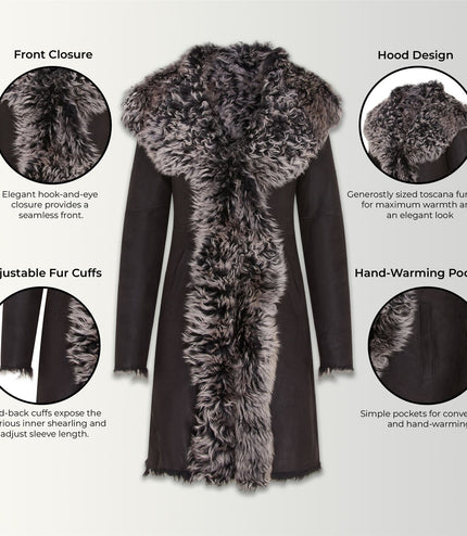 Womens Black Toscana Sheepskin Leather Hooded Trench Coat - Coast