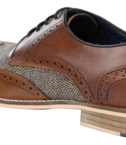 Mens Classic Oxford Tweed Brogue Derby Shoes In Tan Leather