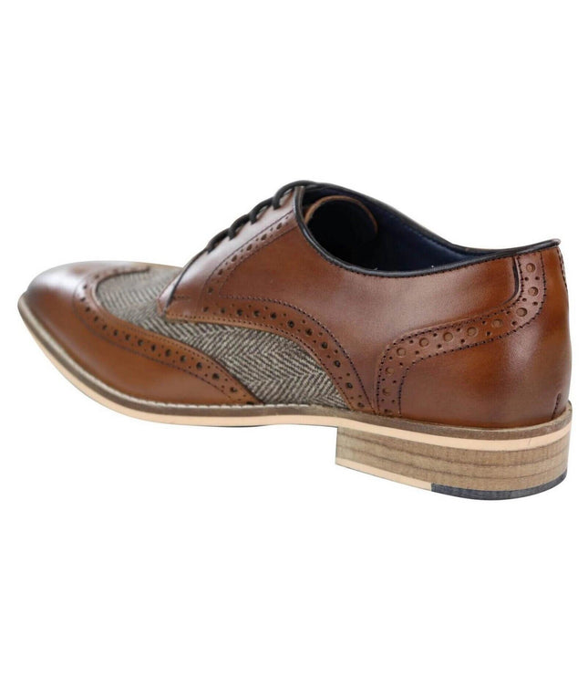 Mens Classic Oxford Tweed Brogue Derby Shoes In Tan Leather
