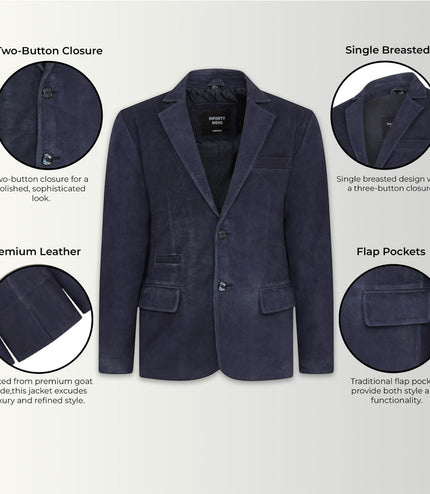 Mens Suede Blazer Jacket Soft Real Italian Leather Fitted Vintage Coat - Navy