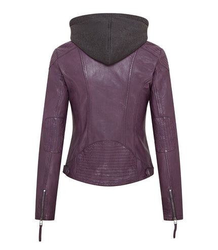 Womens Hooded Classic Biker Jacket - Brazzaville - Purple