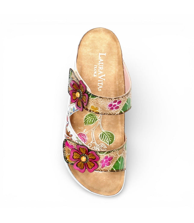 Laura Vita Women's Brcyano 32 White Floral Leather Strappy Slipper Sandals