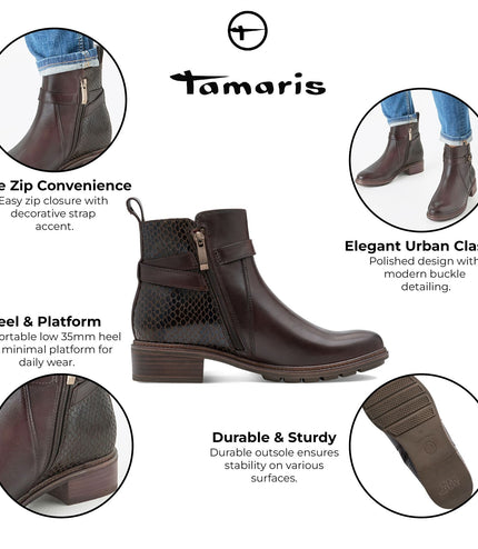 Tamaris Womens Mocca Brown Leather Buckled Zip Biker Ankle Boots