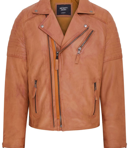 Mens Slim Fit Brando Style Double Cross Zip 100% Leather Biker Jacket - Tan