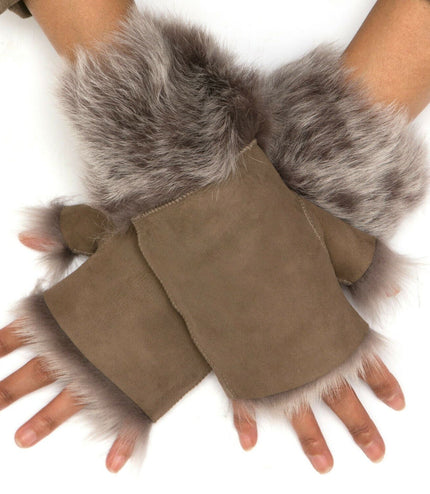 Womens Shearling  Mittens Fingerless Cuffs Toscana Suede Sheepskin Fur - Taupe