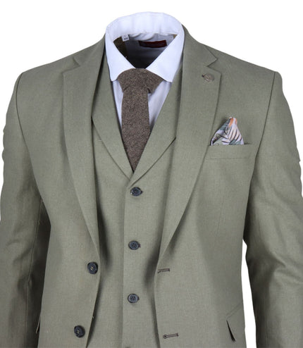Men's Sage Green Tailor Fit 3 Piece Linen Summer Wedding Suit