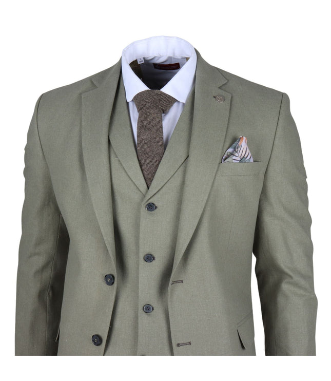 Men's Sage Green Tailor Fit 3 Piece Linen Summer Wedding Suit
