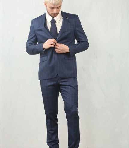 Men's 3 Piece Prince Of Wales Blue Suit Workwear