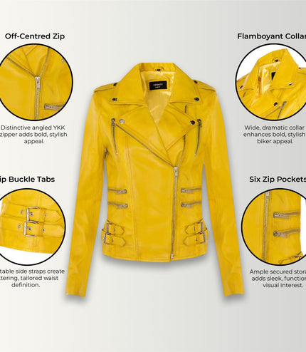 Womens Leather Brando Biker Jacket-Orlando - Yellow