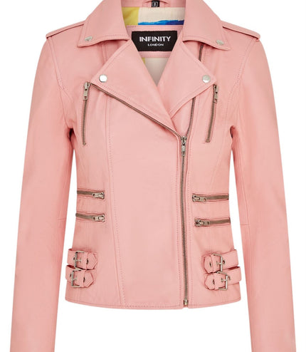 Womens Leather Brando Biker Jacket-Orlando - Baby Pink