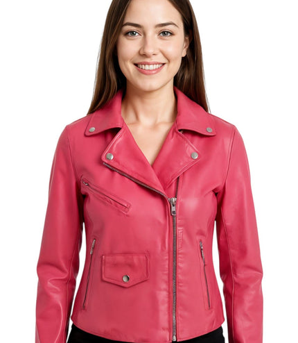 Women's Classic Brando Biker Leather Jacket - Broome - Fuschia