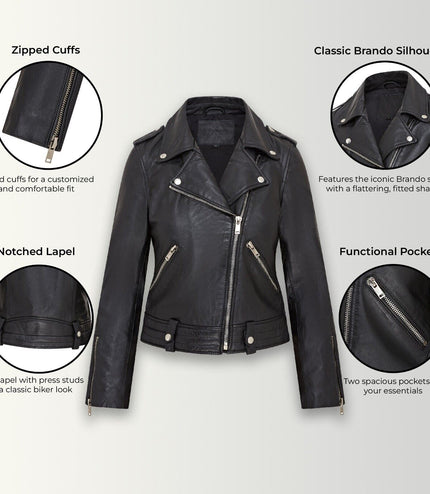 Womens Black Leather Brando Jacket - Chennai