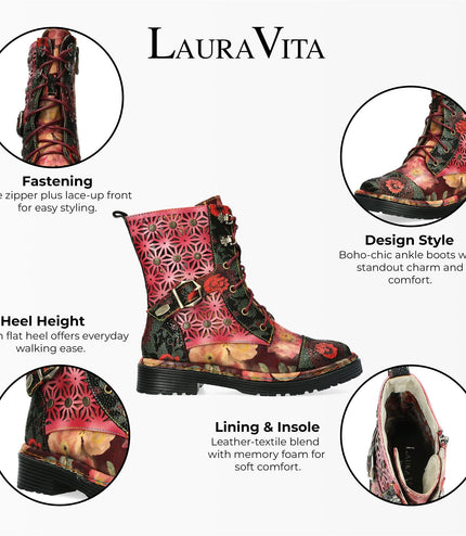 Laura Vita Incaso 36 Red Floral Womens Gothic Victorian Leather Ankle High Boots