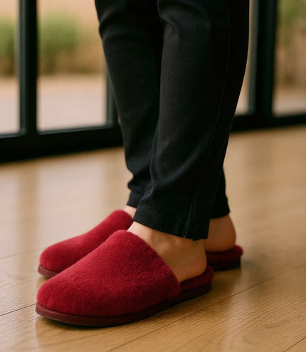 Women's Sheepskin Slippers Burgundy Warm Winter Fur Mule - Aurora