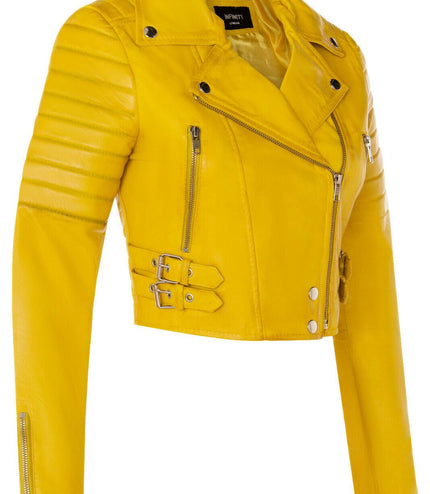 Womens Cropped Brando Leather Biker Jacket-Damascus - Yellow