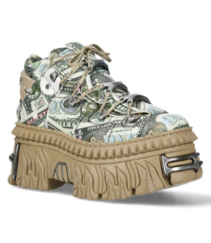 New Rock M-106Wall-C49 Dollar Bill Print Leather Platform Ankle Boots