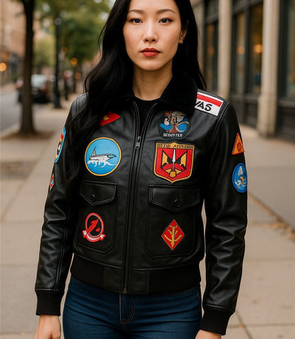 Women's A2 Top Gun Leather Bomber Jacket-Sunbury - Black
