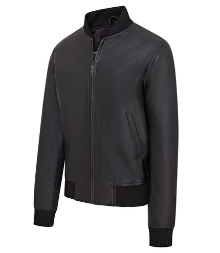 Mens Soft Leather MA-1 Varsity Bomber Jacket - Black