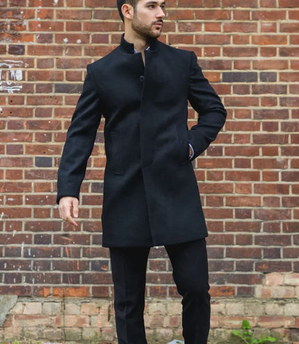 Men's Black Stand Collar Wool Blend Overcoat