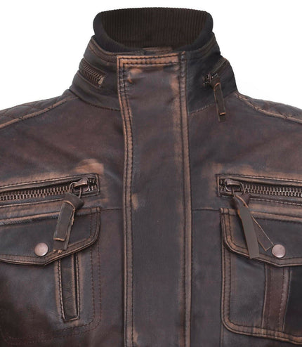 Men's Leather Retro Biker Jacket-Toronto - Brown