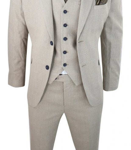 Mens 3 Piece Cream Linen Summer Spring Classic Suit