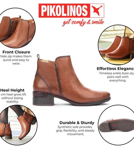 Pikolinos Women's Cuero Brown Leather Zip Heel Ankle Boots - Malaga