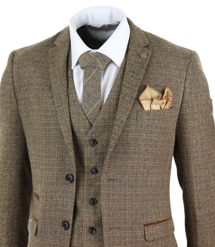 Mens 3 Piece Brown Tweed Check Vintage Retro Suit