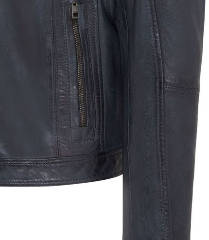 Men's Vintage Classic Short Soft Leather Biker Jacket - Navy
