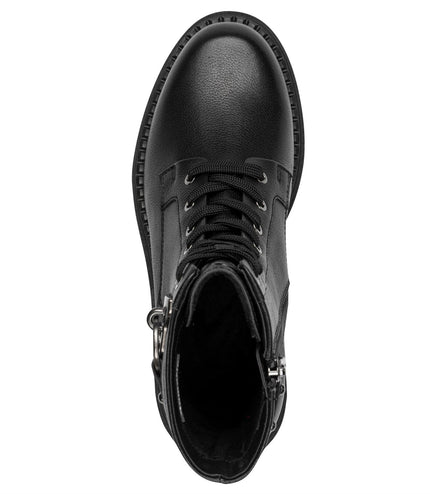 Tamaris Womens Fashion Black Leather Lace-Up Zip Combat Ankle Boots