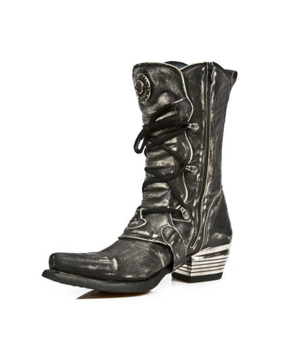 Three-quarter front angle of New Rock M.7993-S3 grey distressed leather boot